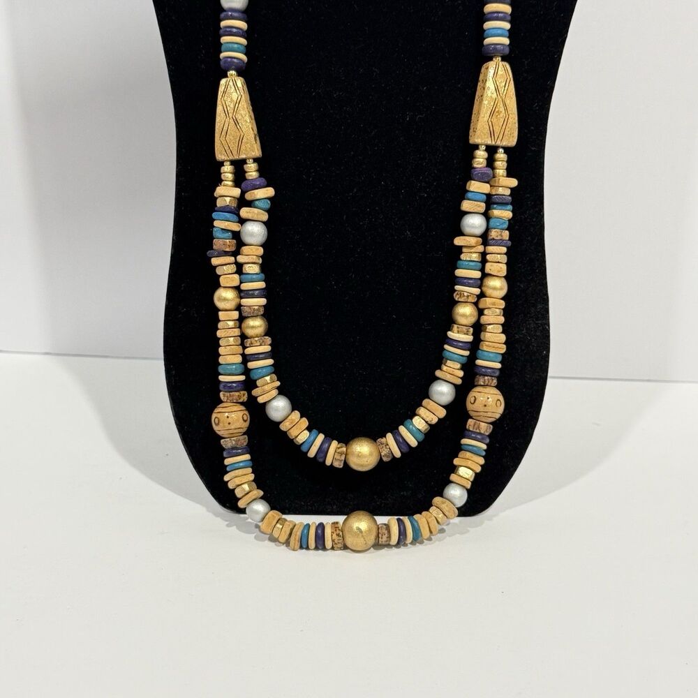 Vintage Casual Corner Double Strand Beaded Necklace Boho Wood Gold Tone Signed - Picture 15 of 16